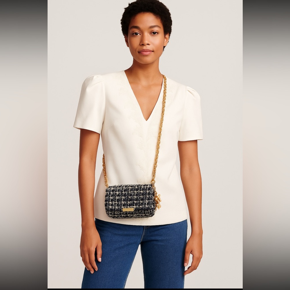 J.Crew Tweed Crossbody Bag Gold Chain Strap Pearl Charm Evening Shoulder NWT
